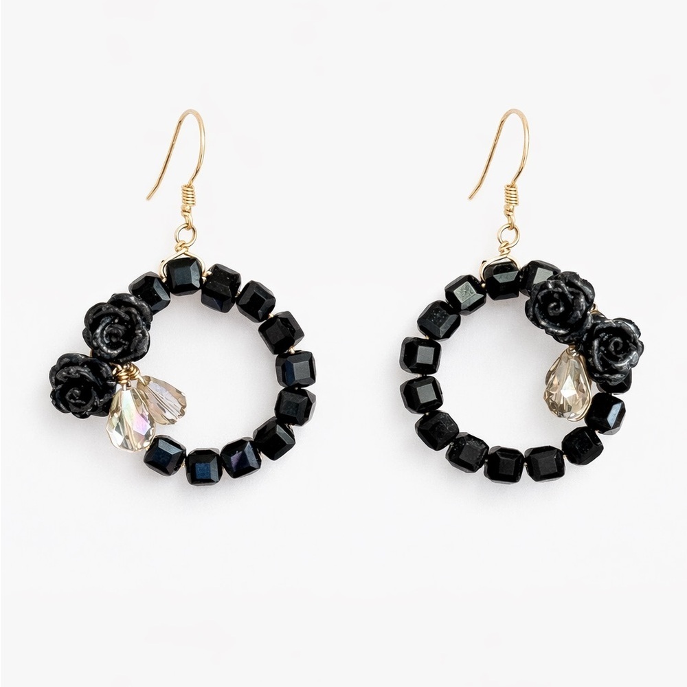 ⚜️ Elegant Black Rose Hoop Earrings